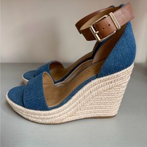 Copper Key Denim Blue Wedge Espadrilles with Brown Ankle Strap
